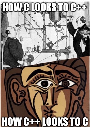 How C looks to C++ (as a Heath Robinson machine) vs. how C++ looks to C (as a Picasso painting of a jumbled face).