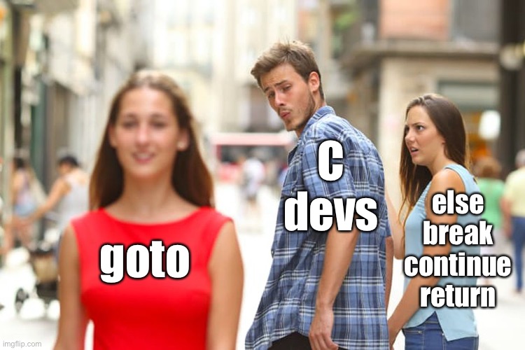 Distracted boyfriend (C developers) ogles a passing woman (goto) to the disgust of his girlfriend (else, break, continue, return)
