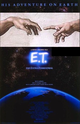 Film poster for 'E.T. The Extra-Terrestrial' in which the two hands have been replaced with similarly posed hands from Michelangelo's fresco painting 'The Creation of Adam'.