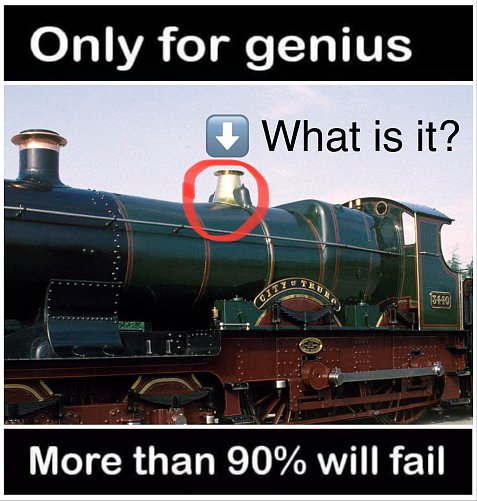 Mock Facebook-style puzzle in which the safety valve bonnet of the locomotive 'City of Truro' is ringed with the challenge 'Only for genius. What is it? More than 90% will fail.'