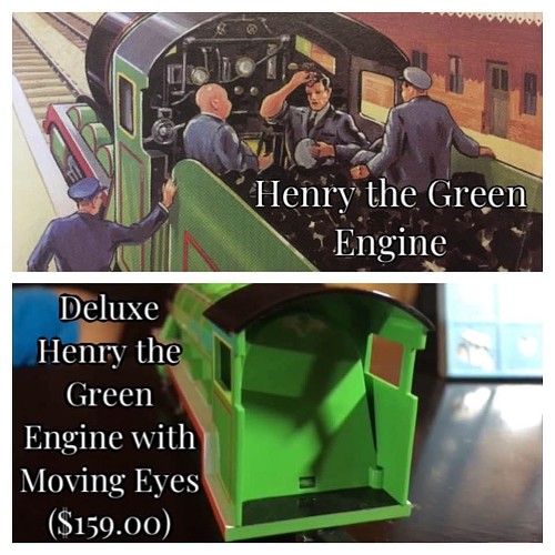 Juxtaposition of an illustration from the book 'Henry the Green Engine', showing a detailed cab interior, with the blank cab of a $159 toy named 'Deluxe Henry the Green Engine with Moving Eyes'.