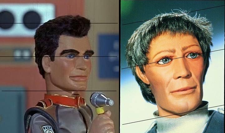 Juxtaposition of the perfect proportions of the Troy Tempest puppet from the TV show 'Stingray' (his eyes are halfway up his head) with the inhuman proportions of the Tiger Ninestein puppet from the later TV show 'Terrahawks' (his eyes are too high).