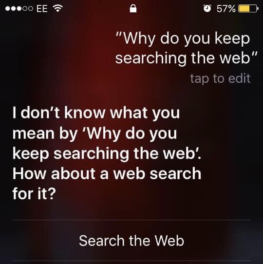 Question to Siri voice assistant: 'Why do you keep searching the web?' Siri replies: 'I don't know what you mean by Why do you keep searching the web. How about a web search for it?'