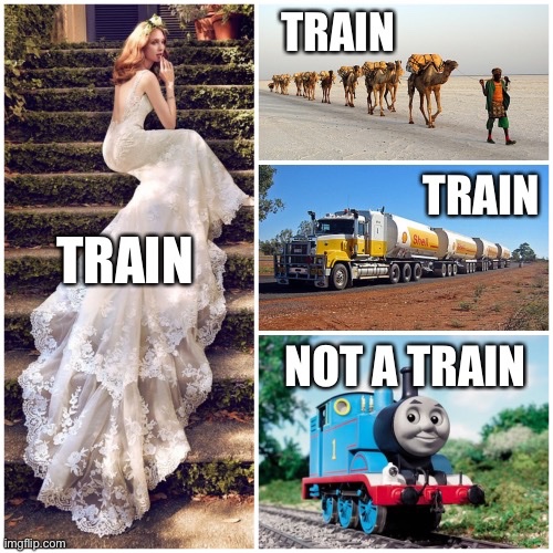 Different kinds of train: long dress, camel train, road train, but not Thomas the Tank Engine.