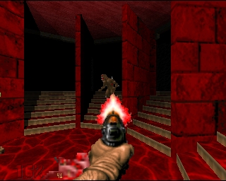 Firing the pistol at an imp on a flight of stairs